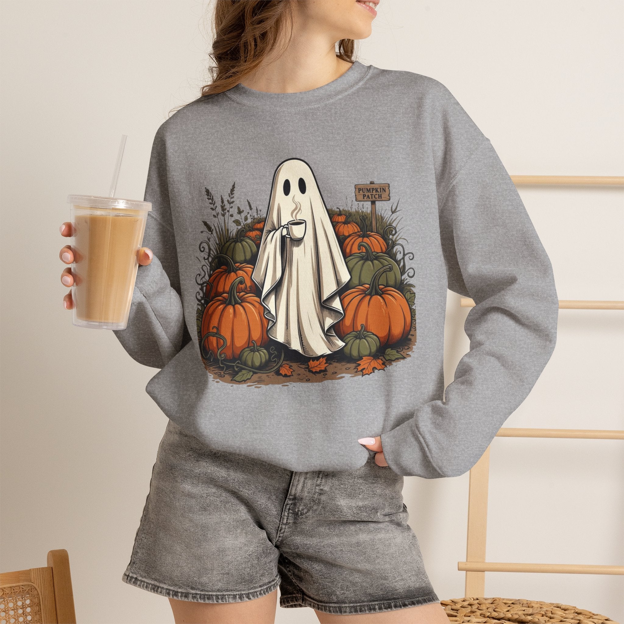 Halloween Ghost in Pumpkin Patch Crewneck Sweatshirt