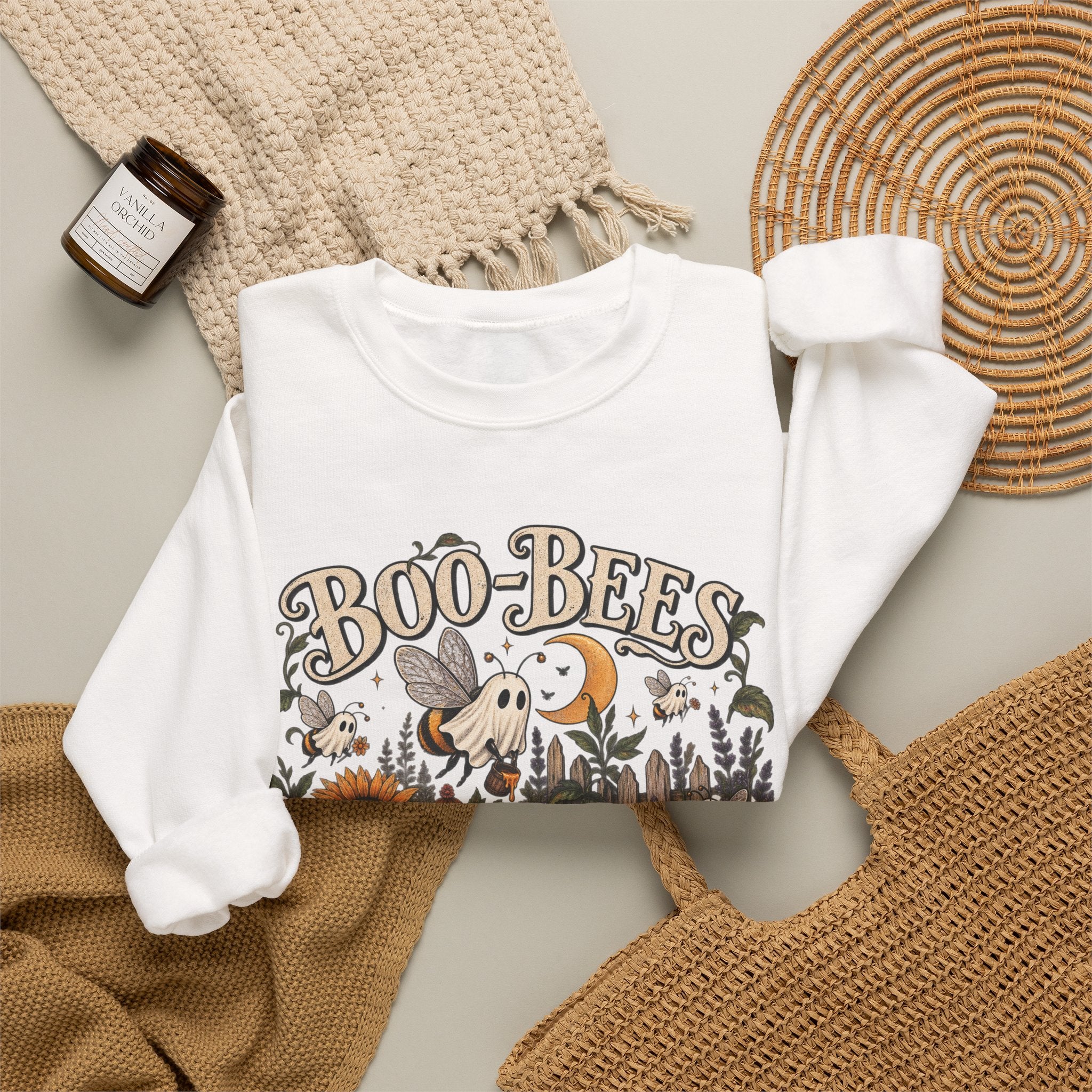 Boo-Bees Halloween Crewneck Sweatshirt — Cute Spooky Bees, Pumpkins & Sunflowers Fall Pullover