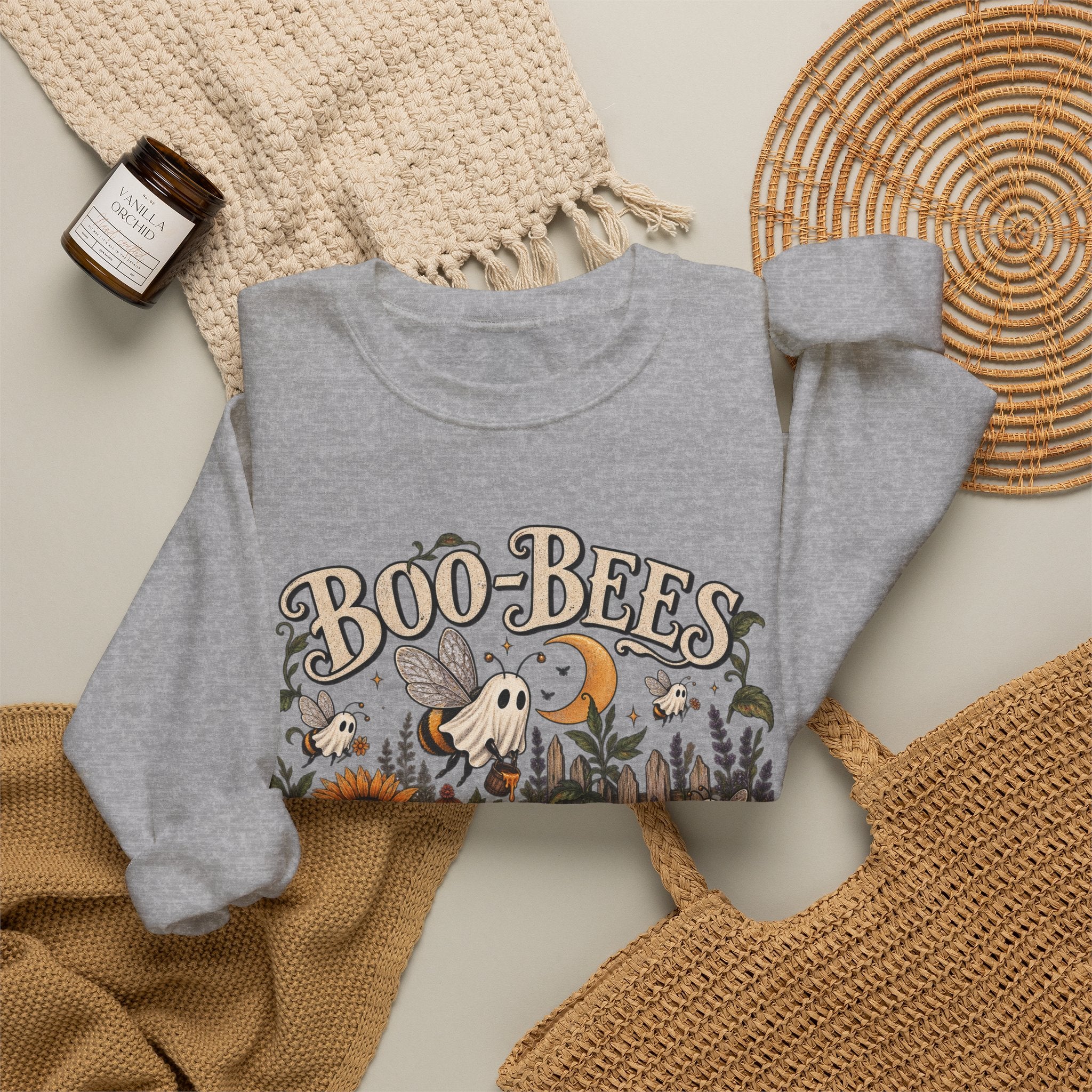 Boo-Bees Halloween Crewneck Sweatshirt — Cute Spooky Bees, Pumpkins & Sunflowers Fall Pullover