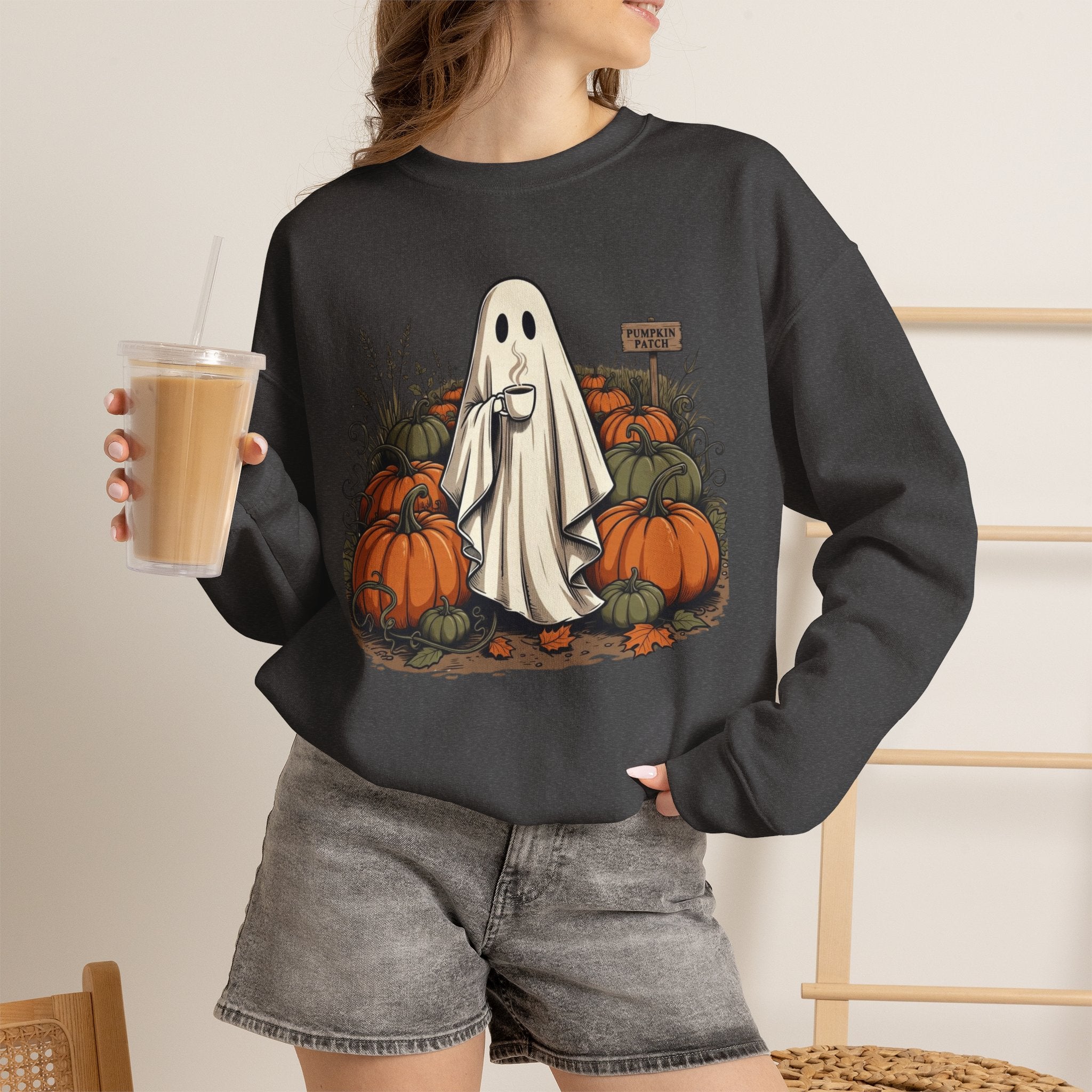 Halloween Ghost in Pumpkin Patch Crewneck Sweatshirt