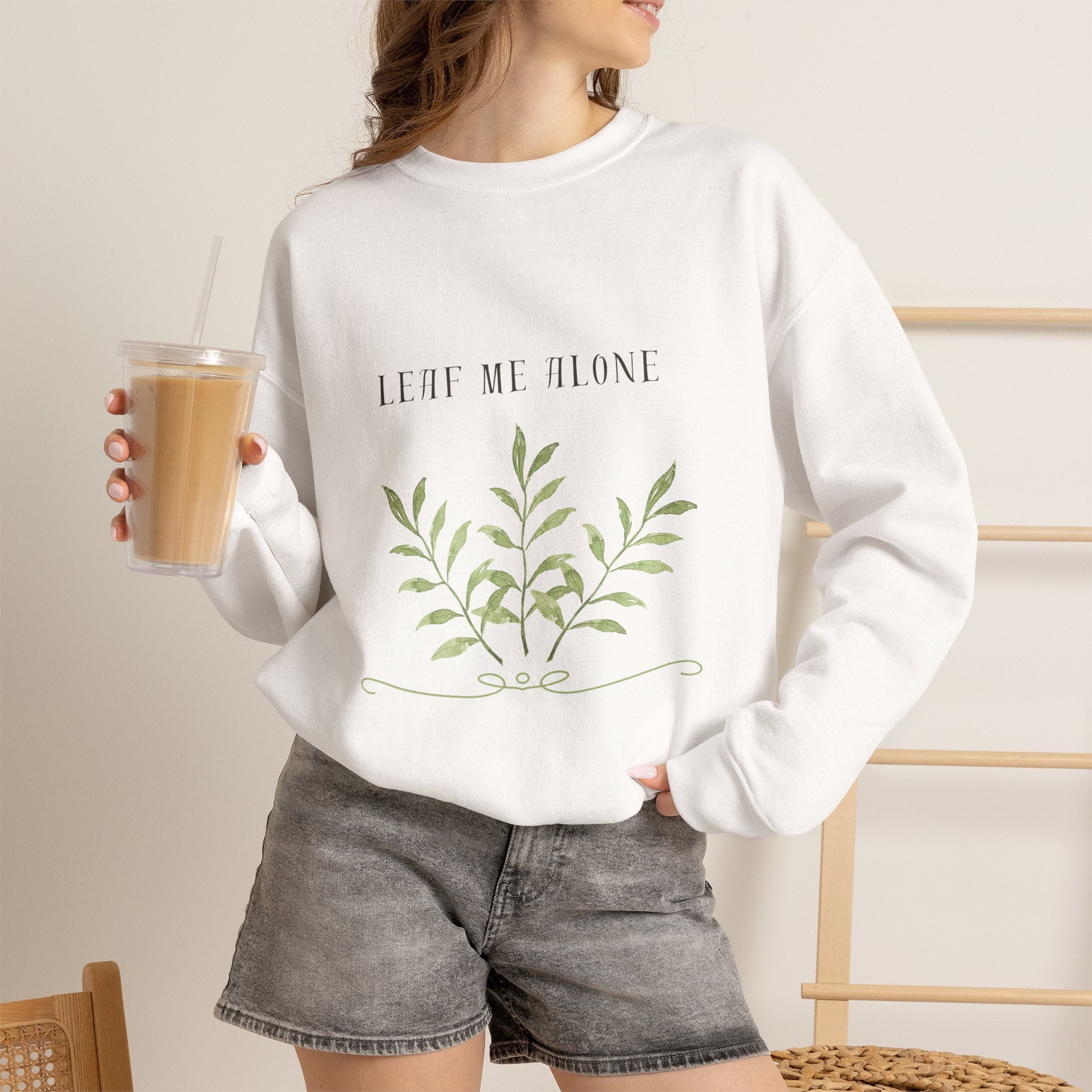 Crewneck Sweatshirt – 'Leaf Me Alone' Minimal Botanical Graphic