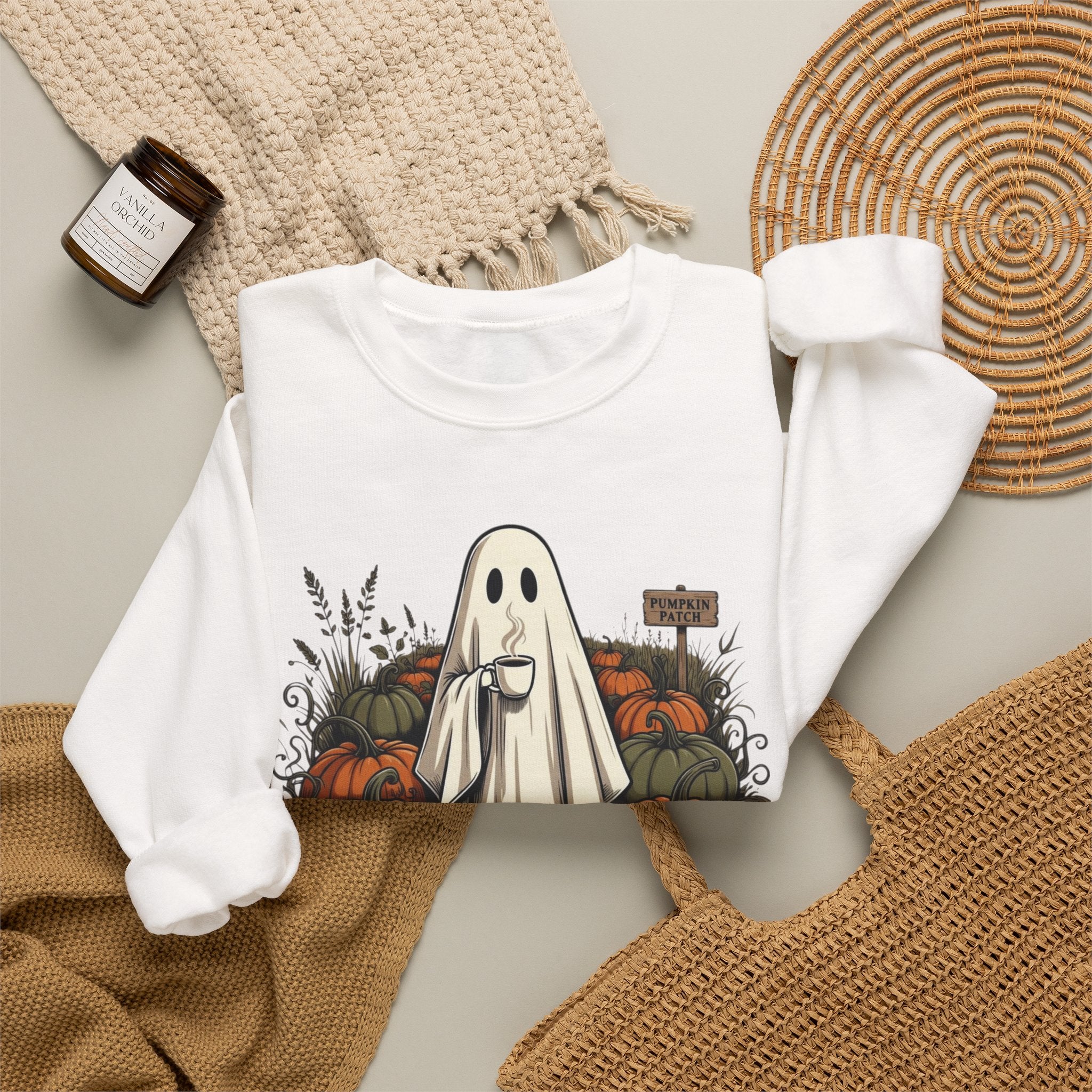 Halloween Ghost in Pumpkin Patch Crewneck Sweatshirt