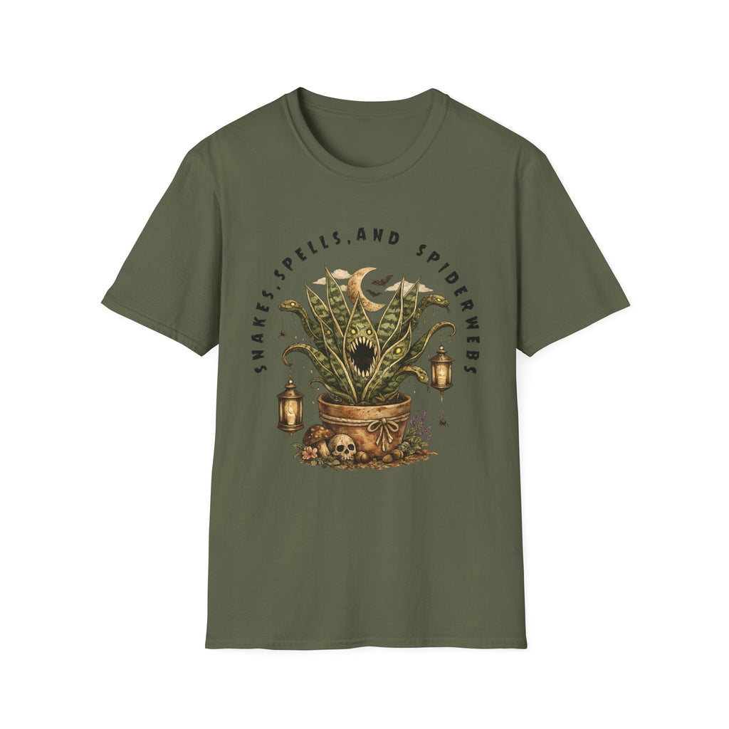 T-Shirt — 'Makes Spells and Spiderwebs' Botanical Moon Graphic Tee