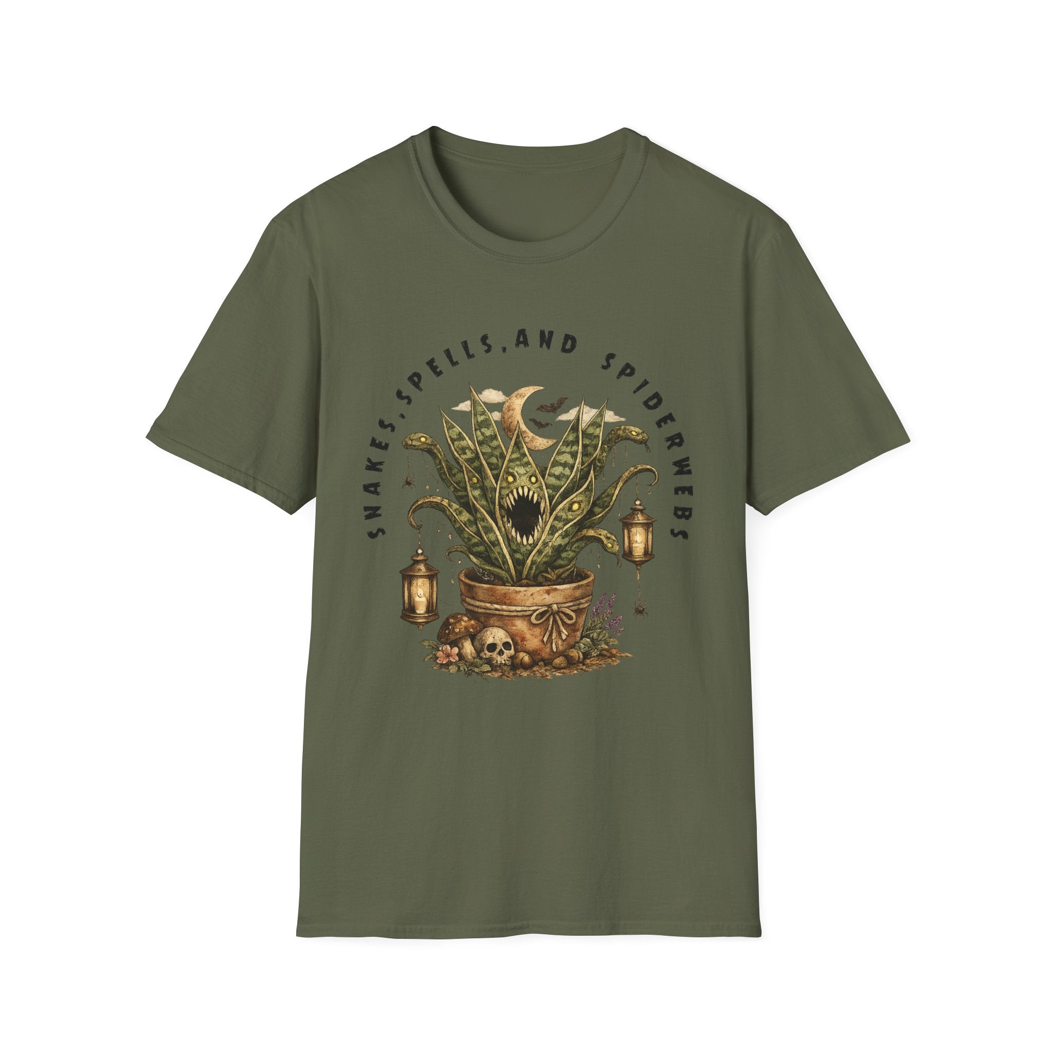 T-Shirt — 'Makes Spells and Spiderwebs' Botanical Moon Graphic Tee