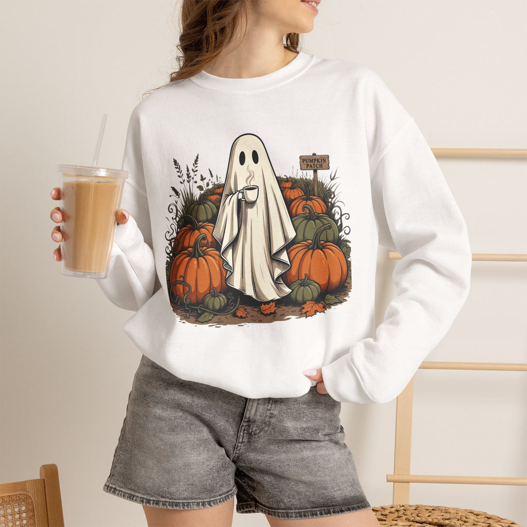 Halloween Ghost in Pumpkin Patch Crewneck Sweatshirt