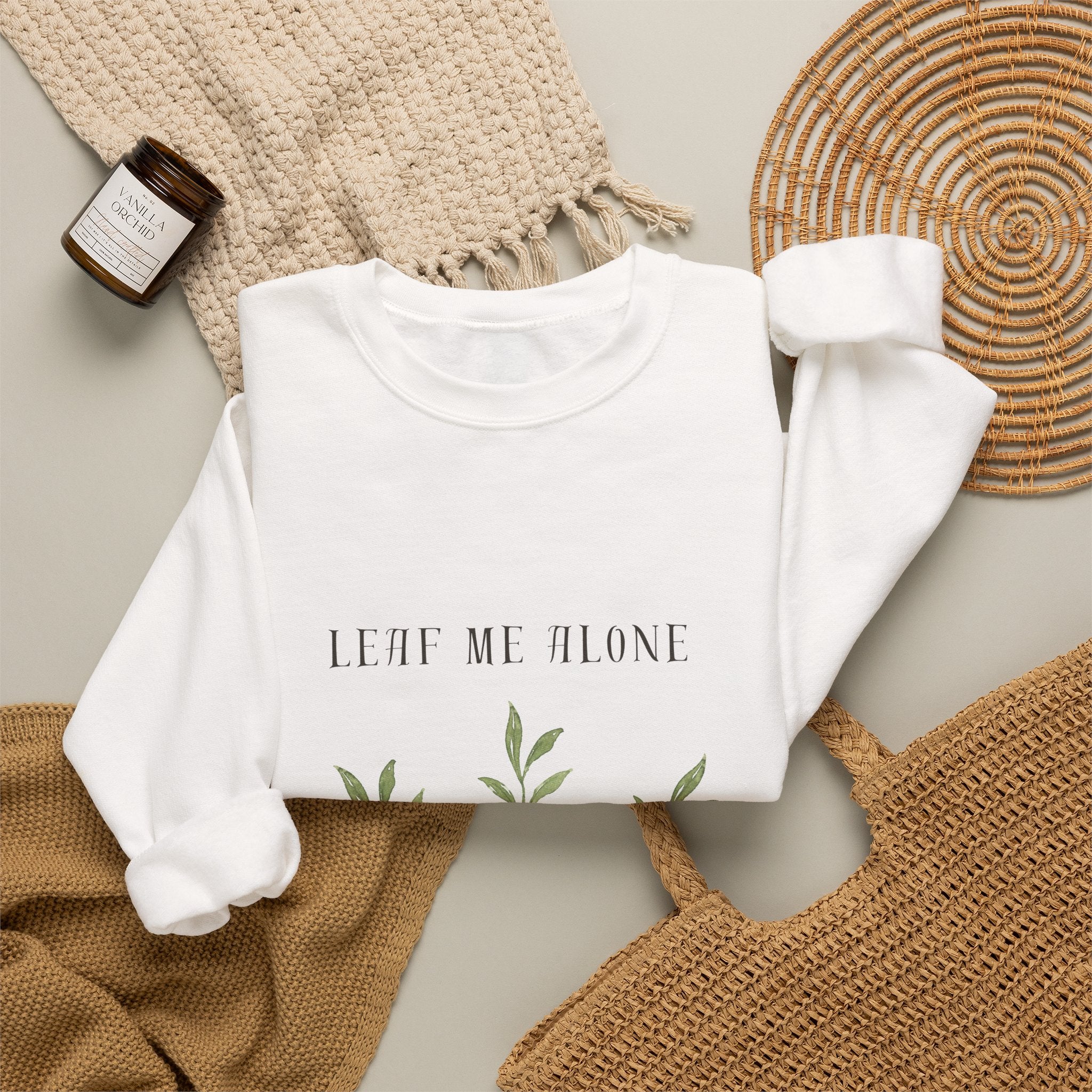 Crewneck Sweatshirt – 'Leaf Me Alone' Minimal Botanical Graphic