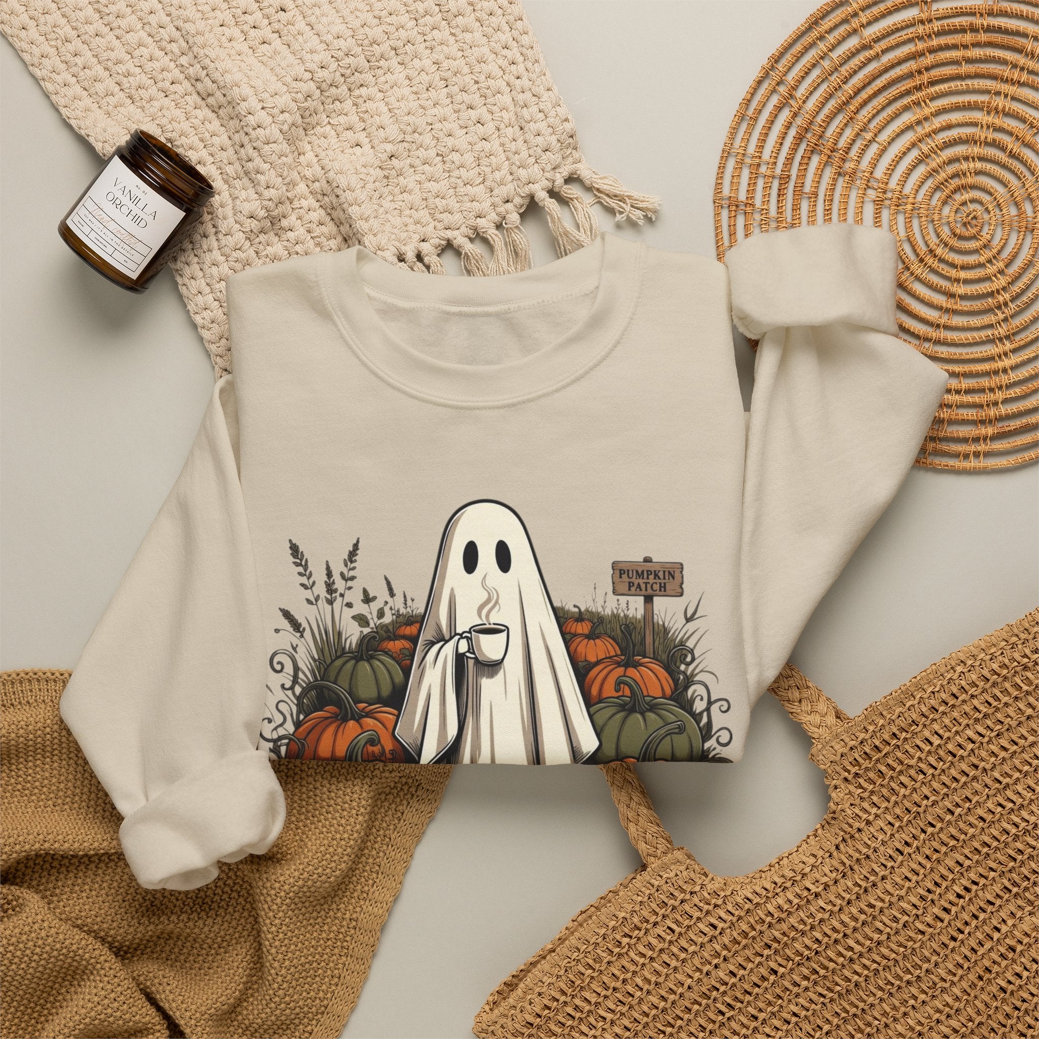 Halloween Ghost in Pumpkin Patch Crewneck Sweatshirt