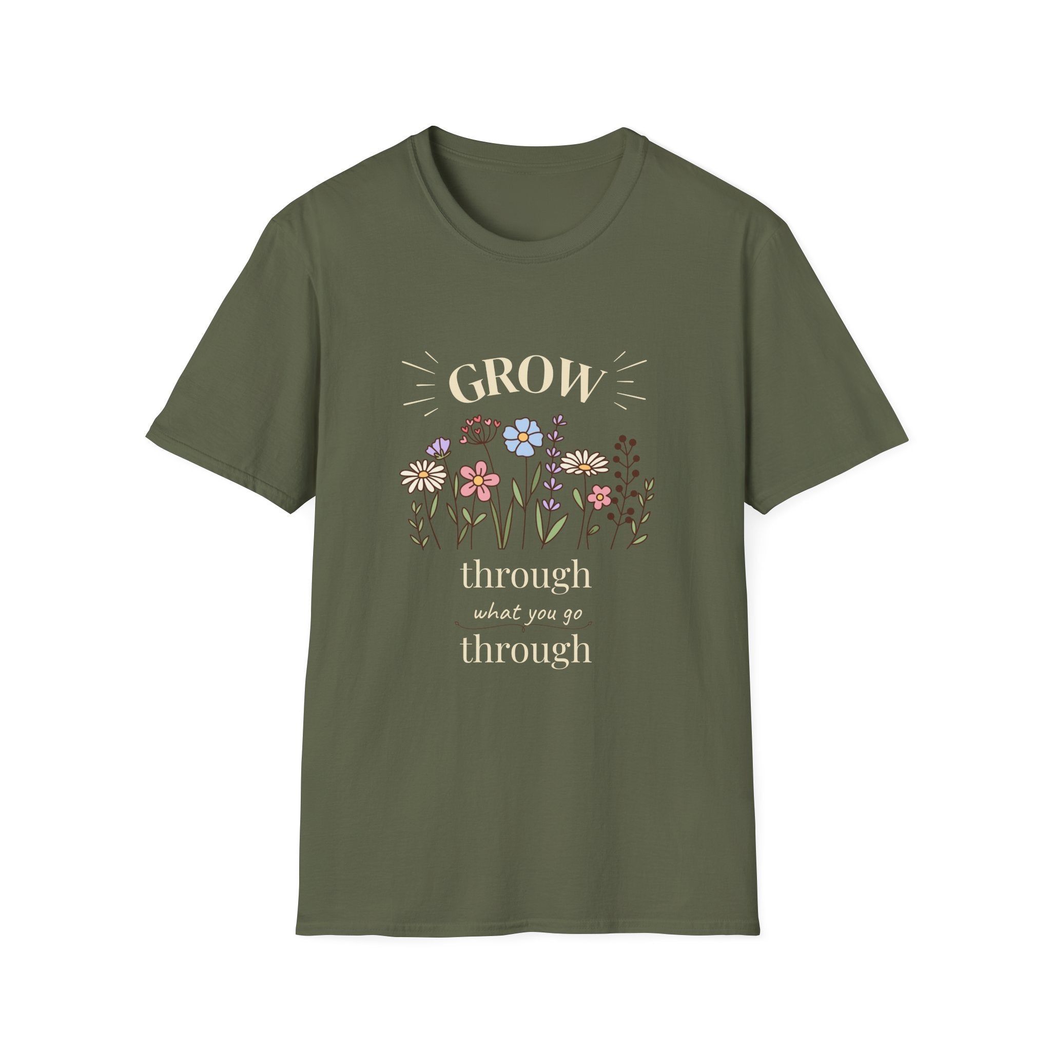 T-Shirt — "Grow" Floral Inspirational Tee ("Grow through what you go through")