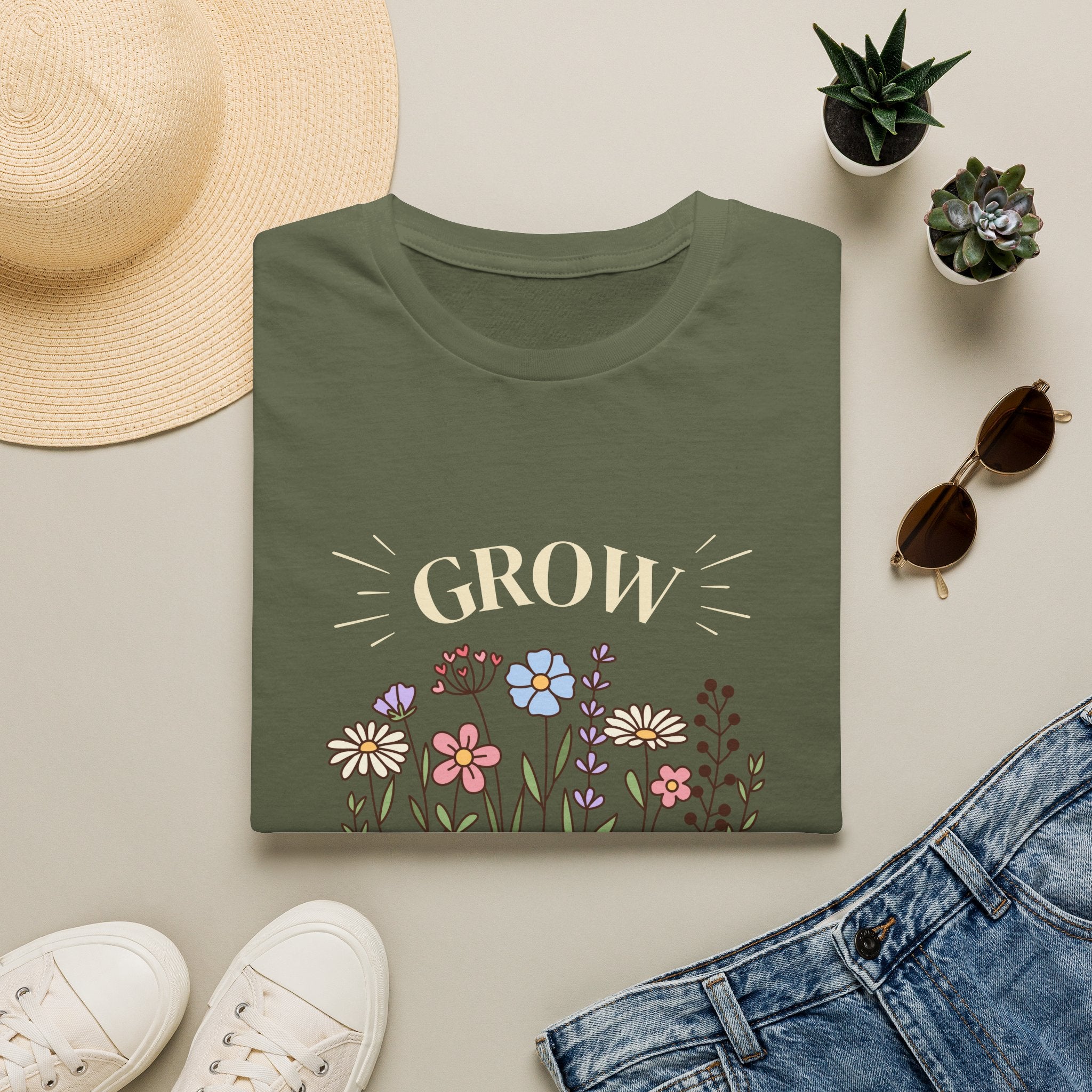 T-Shirt — "Grow" Floral Inspirational Tee ("Grow through what you go through")