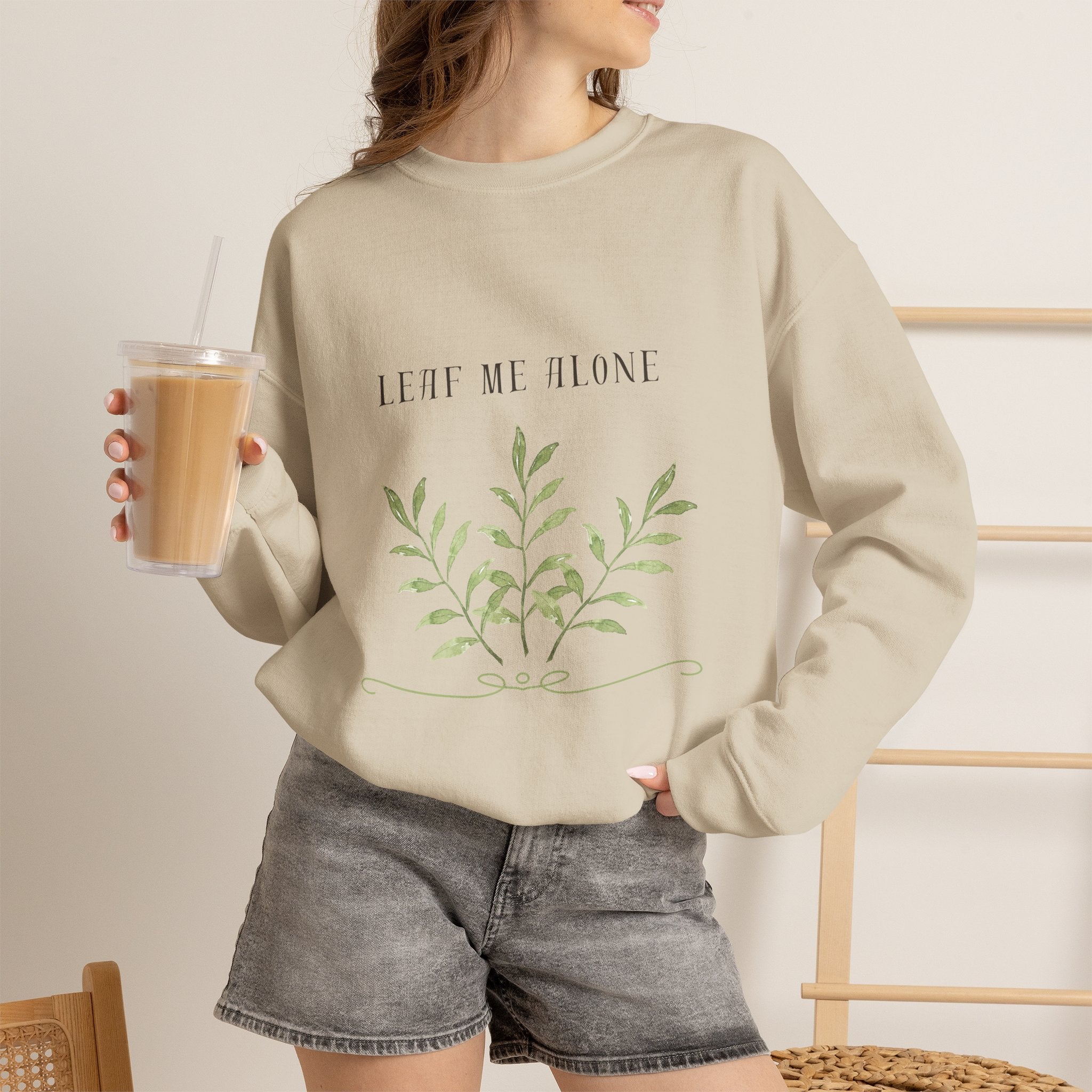 Crewneck Sweatshirt – 'Leaf Me Alone' Minimal Botanical Graphic