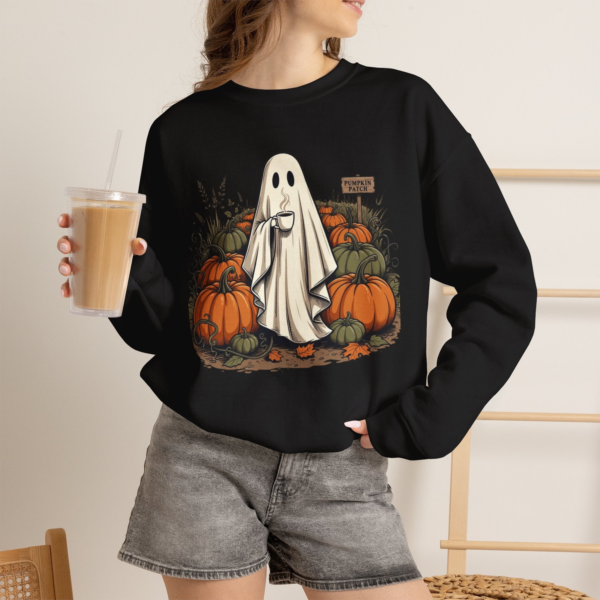 Halloween Ghost in Pumpkin Patch Crewneck Sweatshirt