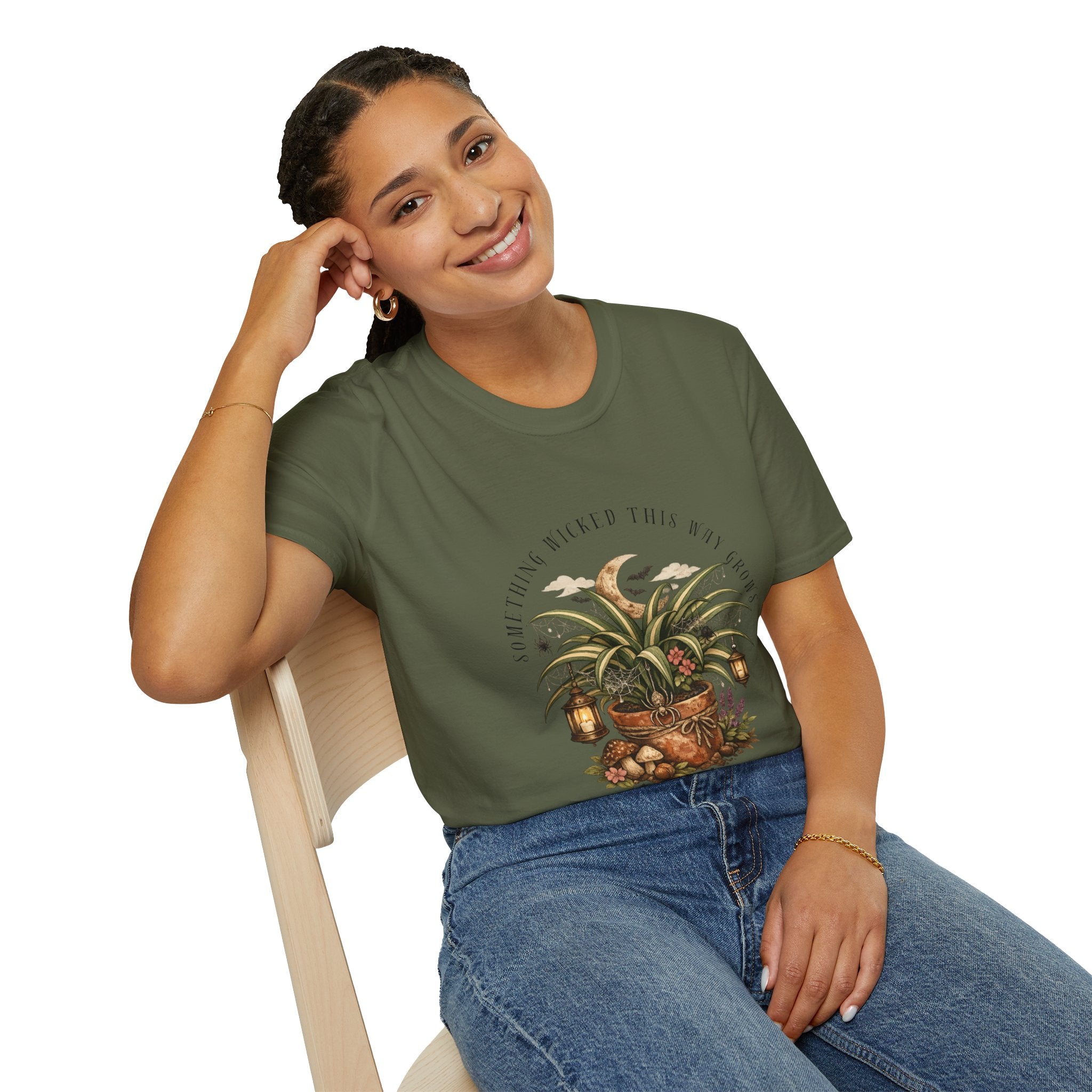 Plant Lover T-Shirt — "Something Wicked This Way Grows" Botanical Moon Graphic Tee