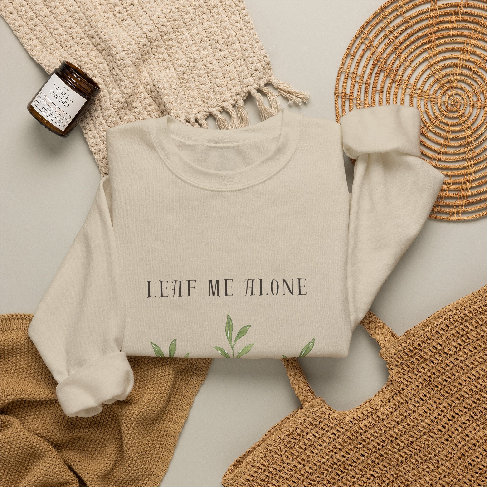 Crewneck Sweatshirt – 'Leaf Me Alone' Minimal Botanical Graphic