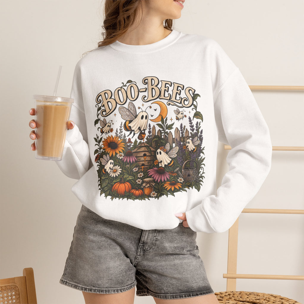 Boo-Bees Halloween Crewneck Sweatshirt — Cute Spooky Bees, Pumpkins & Sunflowers Fall Pullover