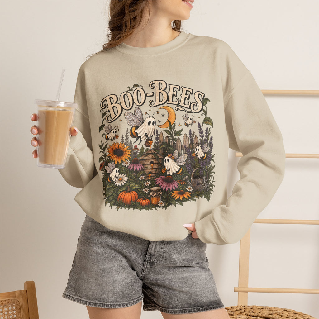 Boo-Bees Halloween Crewneck Sweatshirt — Cute Spooky Bees, Pumpkins & Sunflowers Fall Pullover