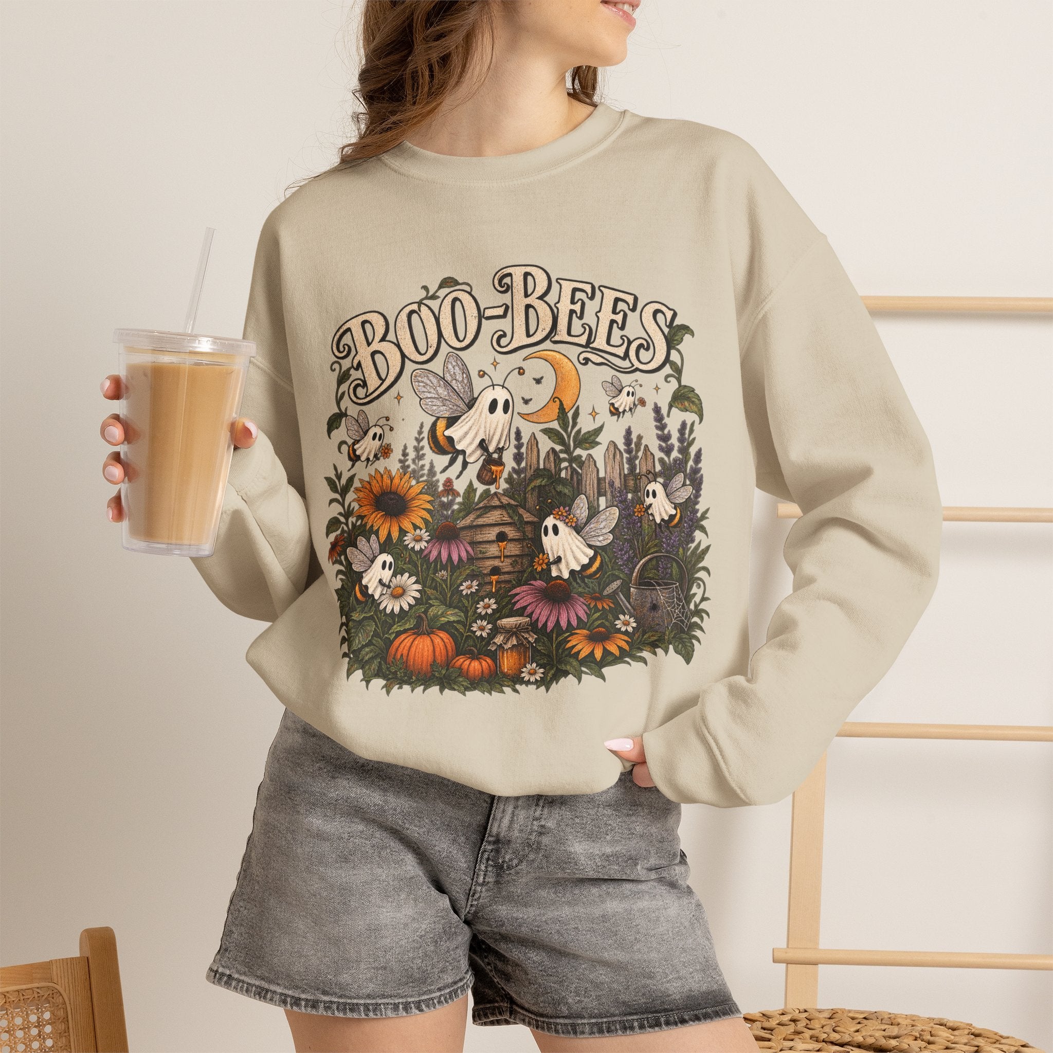 Boo-Bees Halloween Crewneck Sweatshirt — Cute Spooky Bees, Pumpkins & Sunflowers Fall Pullover