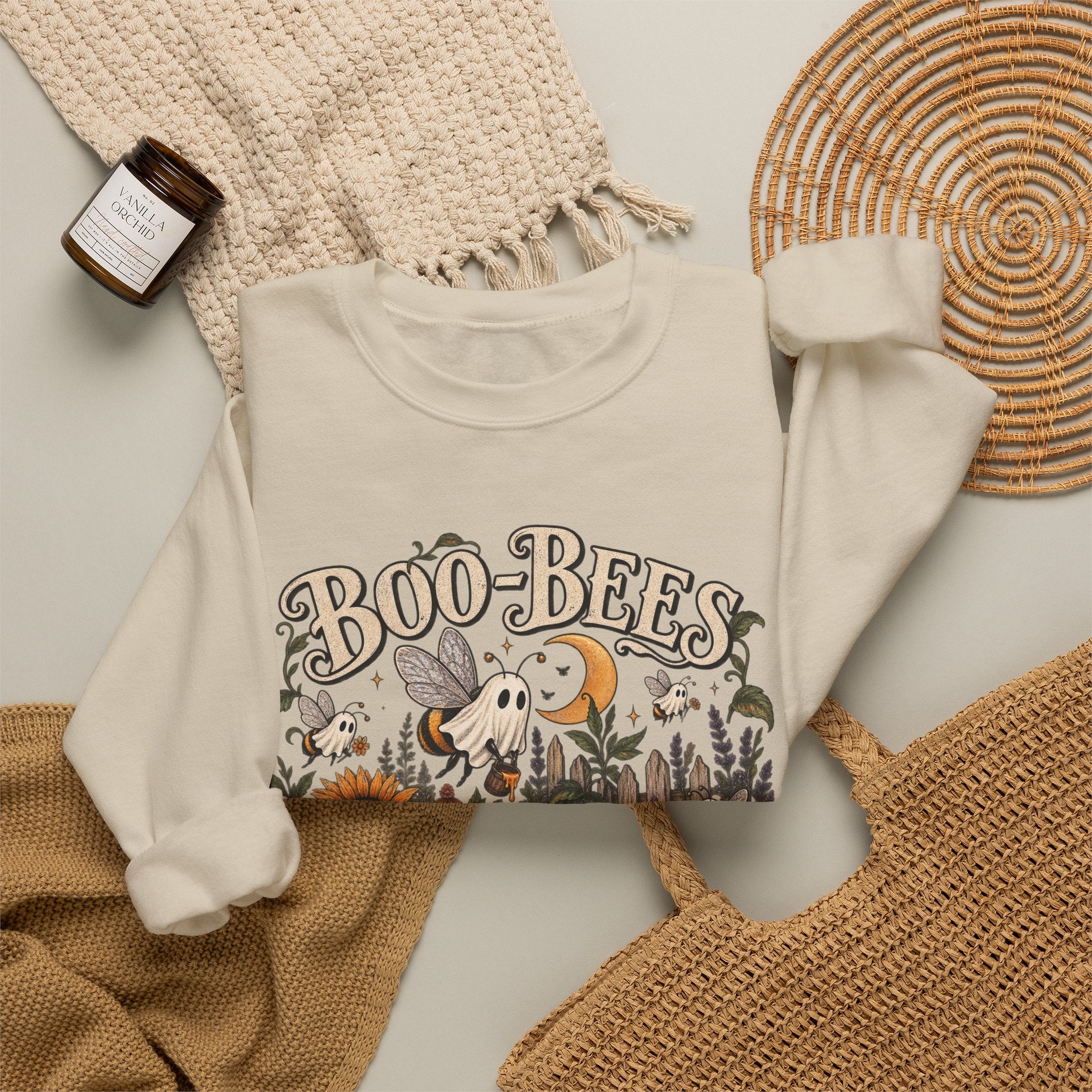 Boo-Bees Halloween Crewneck Sweatshirt — Cute Spooky Bees, Pumpkins & Sunflowers Fall Pullover