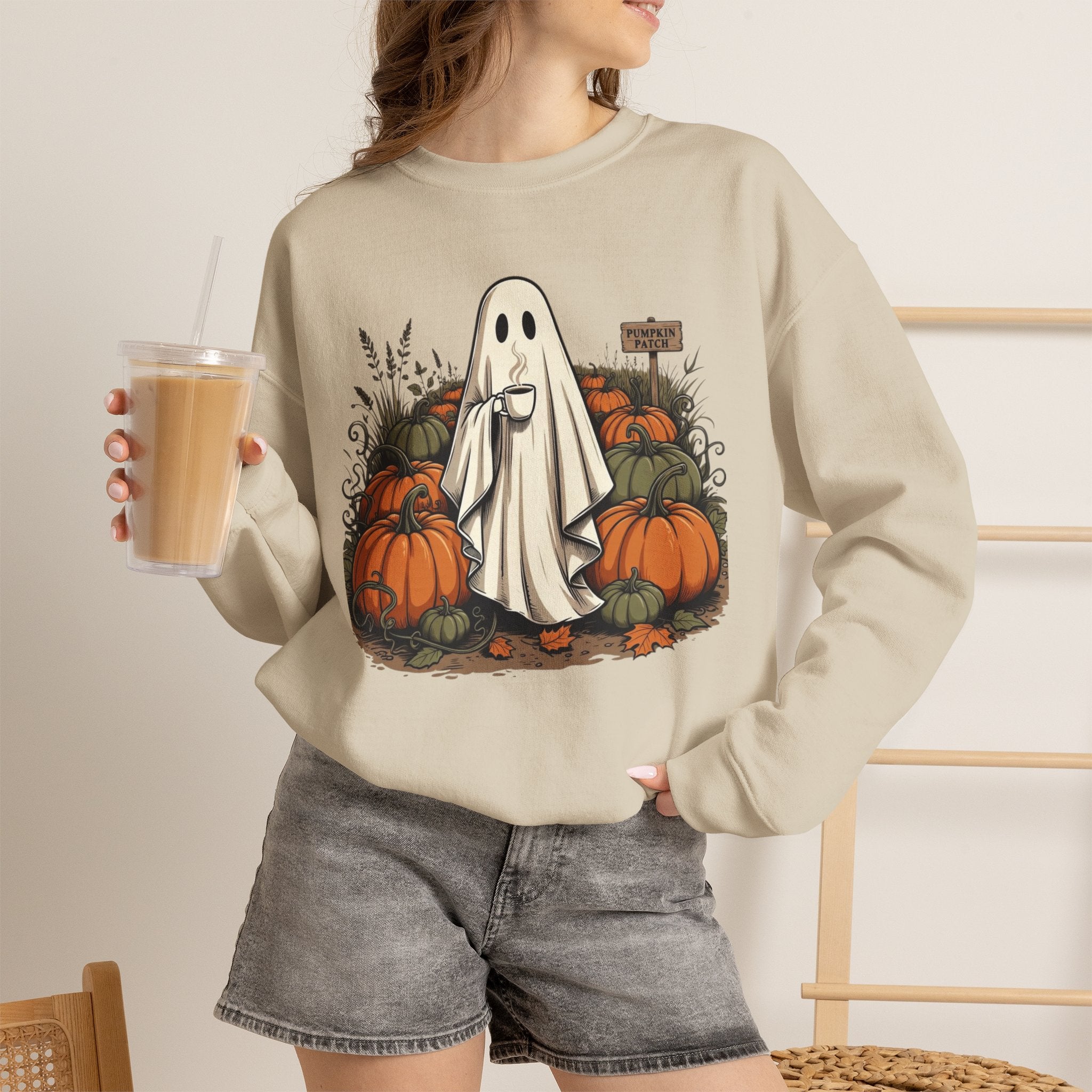 Halloween Ghost in Pumpkin Patch Crewneck Sweatshirt