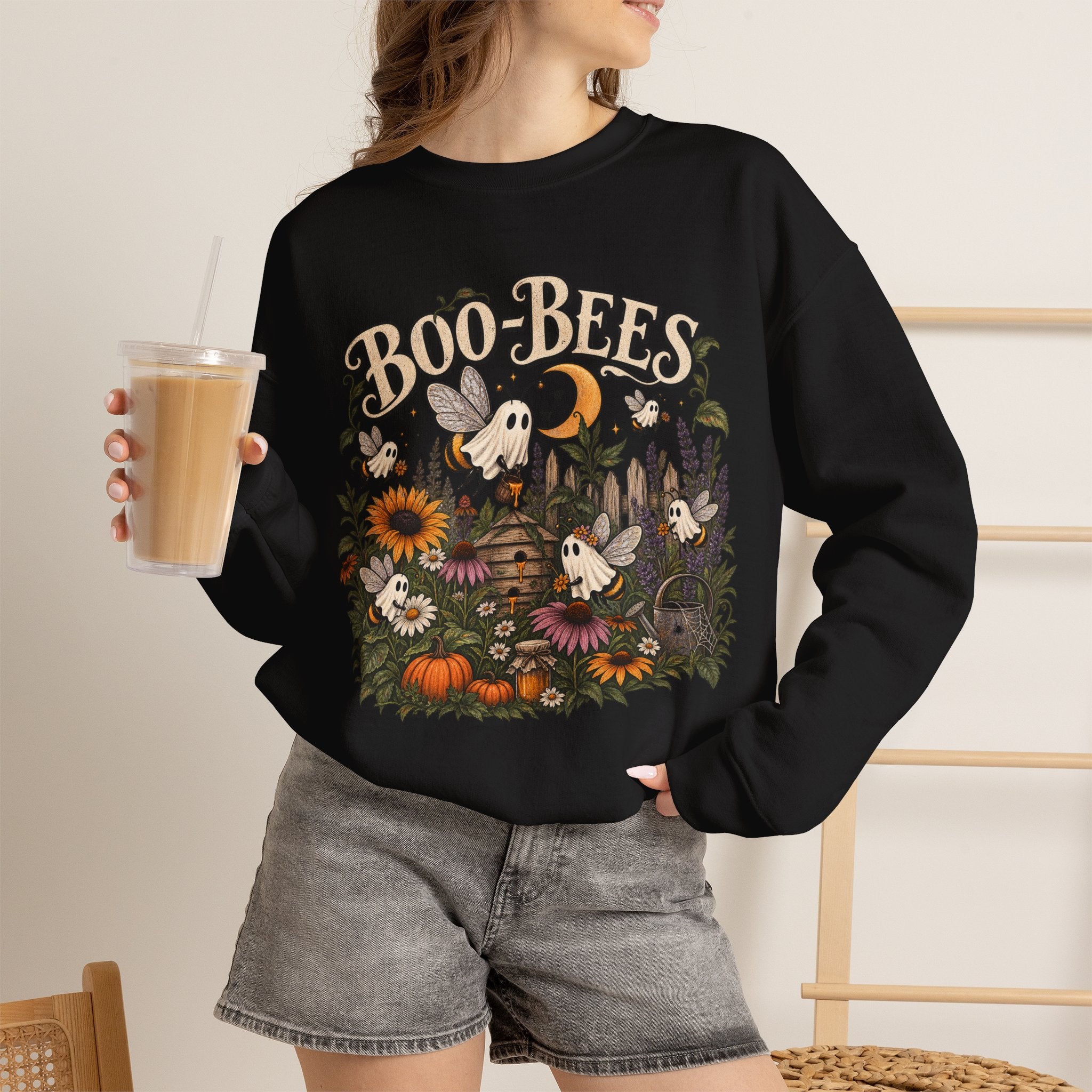 Boo-Bees Halloween Crewneck Sweatshirt — Cute Spooky Bees, Pumpkins & Sunflowers Fall Pullover